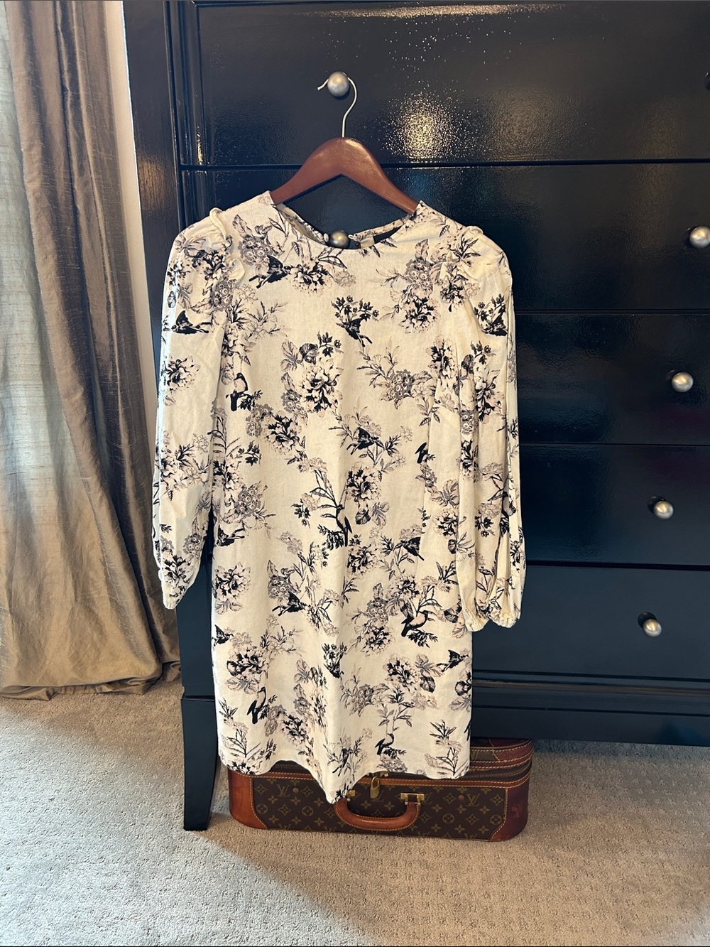 Who What Wear Linen Blend Mini Dress Cream with Black Floral Print Size XS